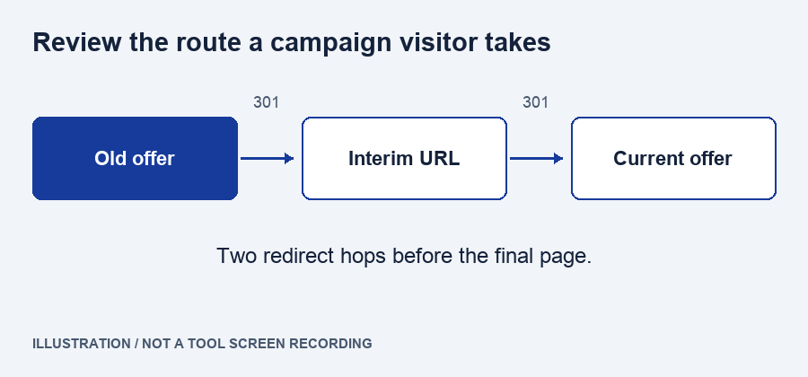 Illustration comparing a campaign link passing through two redirects with a direct link to the intended landing page