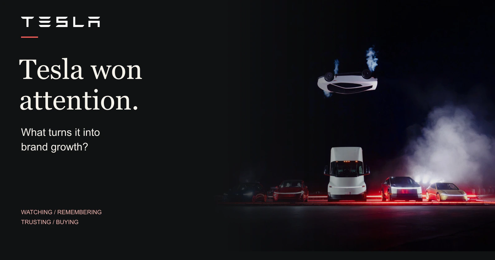 Tesla won attention: what turns it into brand growth? Editorial cover featuring Tesla’s original Roadster demonstration photograph